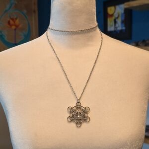 Silver Geometric Pendant Necklace with Clear Quartz Point